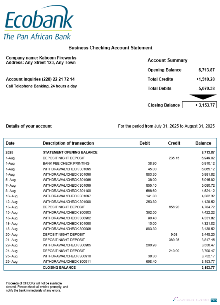 Download Togo Ecobank organization checking account statement Word and PDF template Photoshop template